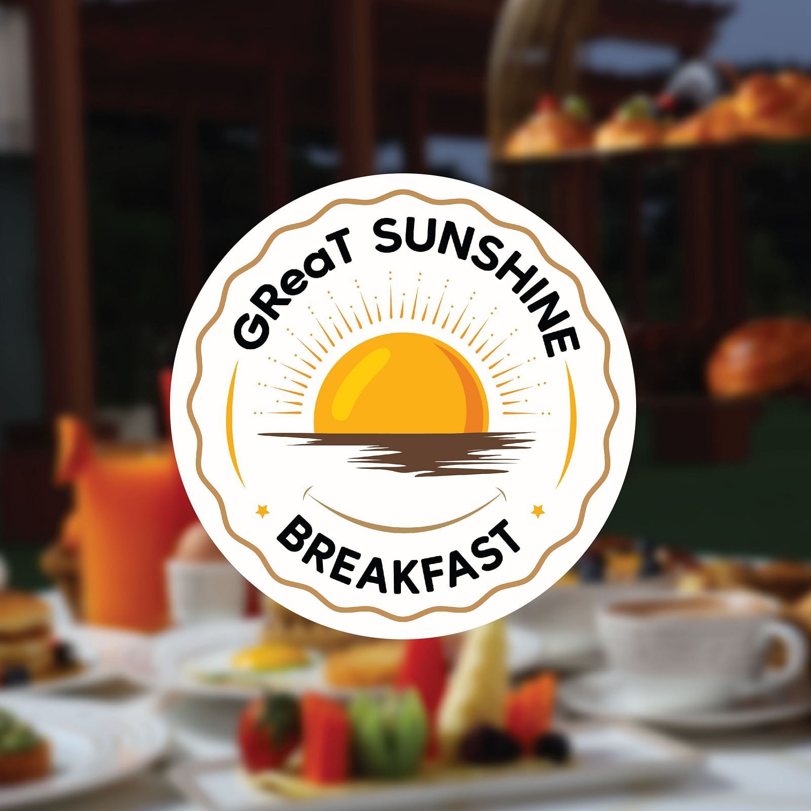 Logo of GReaT Sunshine Breakfast with a background of food placed on a table